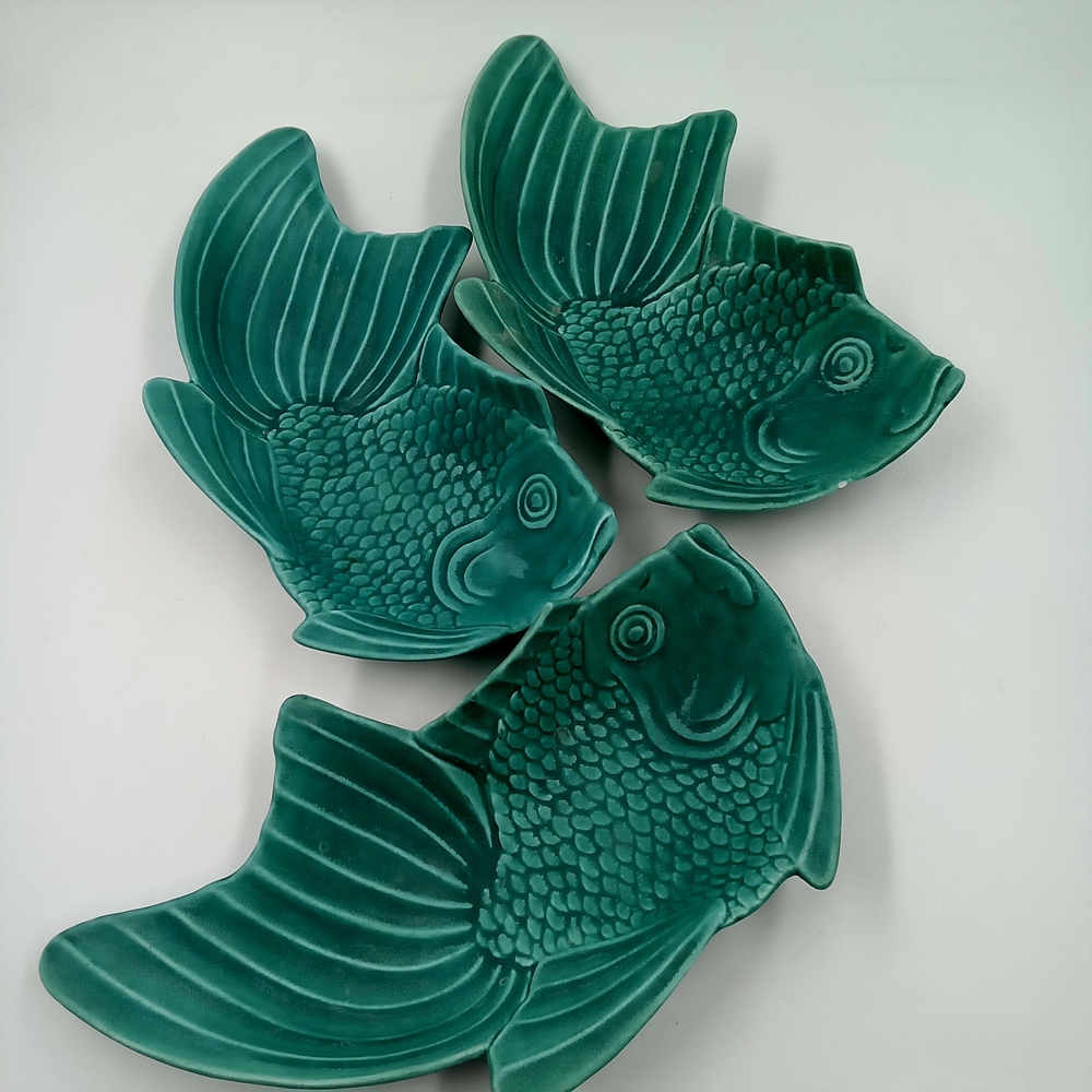 Vintage MCM Sea Green Fish-Shaped PotteryPlates